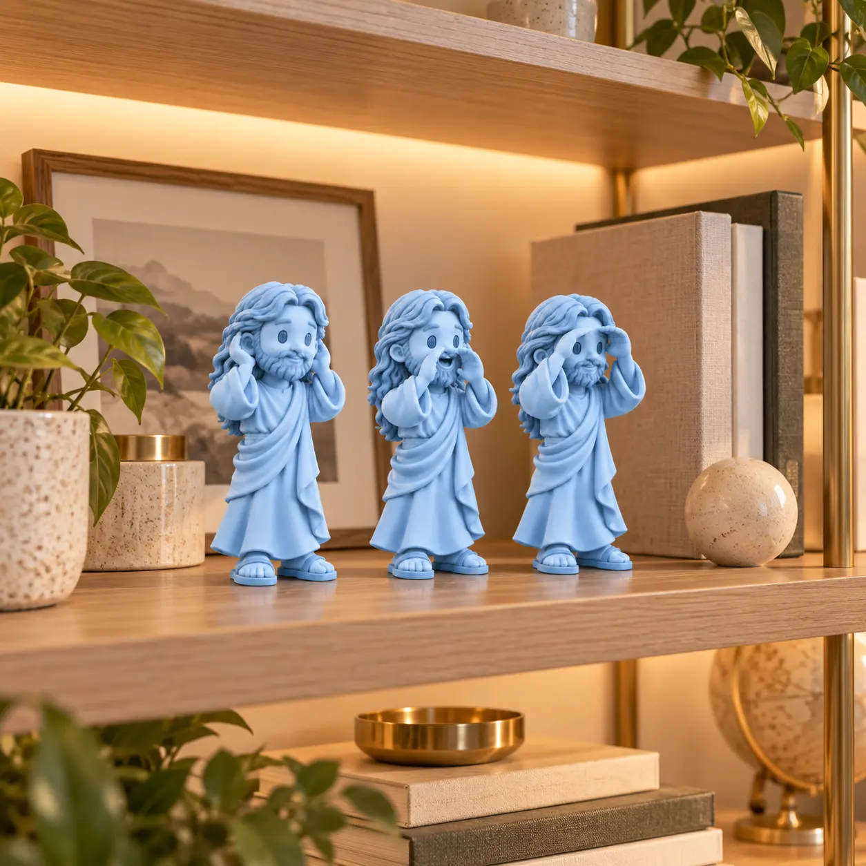 Trio de esculturas de Jesus sobre uma estante
