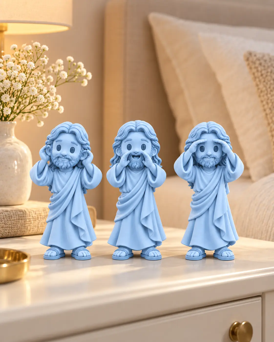 Trio de esculturas de Jesus em um quarto